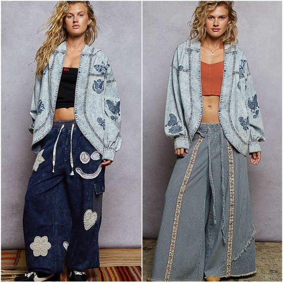 POL Light Wash Butterfly Embroidered Open Front Denim Jean jacket  NWOT - Picture 6 of 6